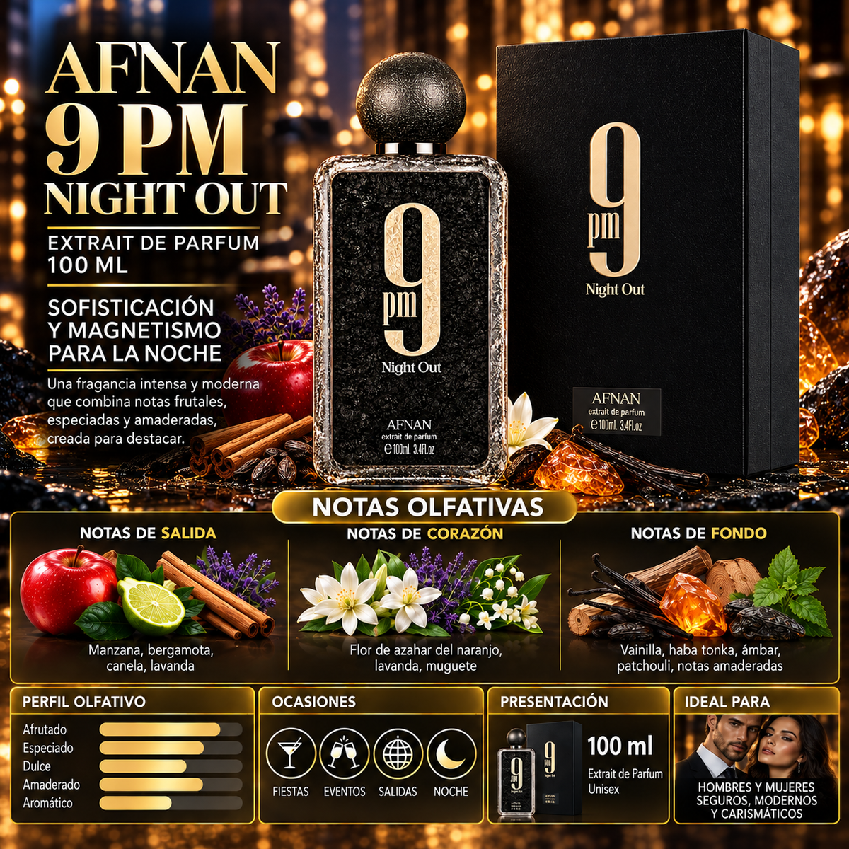 Afnan 9 PM Night Out Extrait de Parfum 100ml Original - Elegancia Intensa — imagen 2