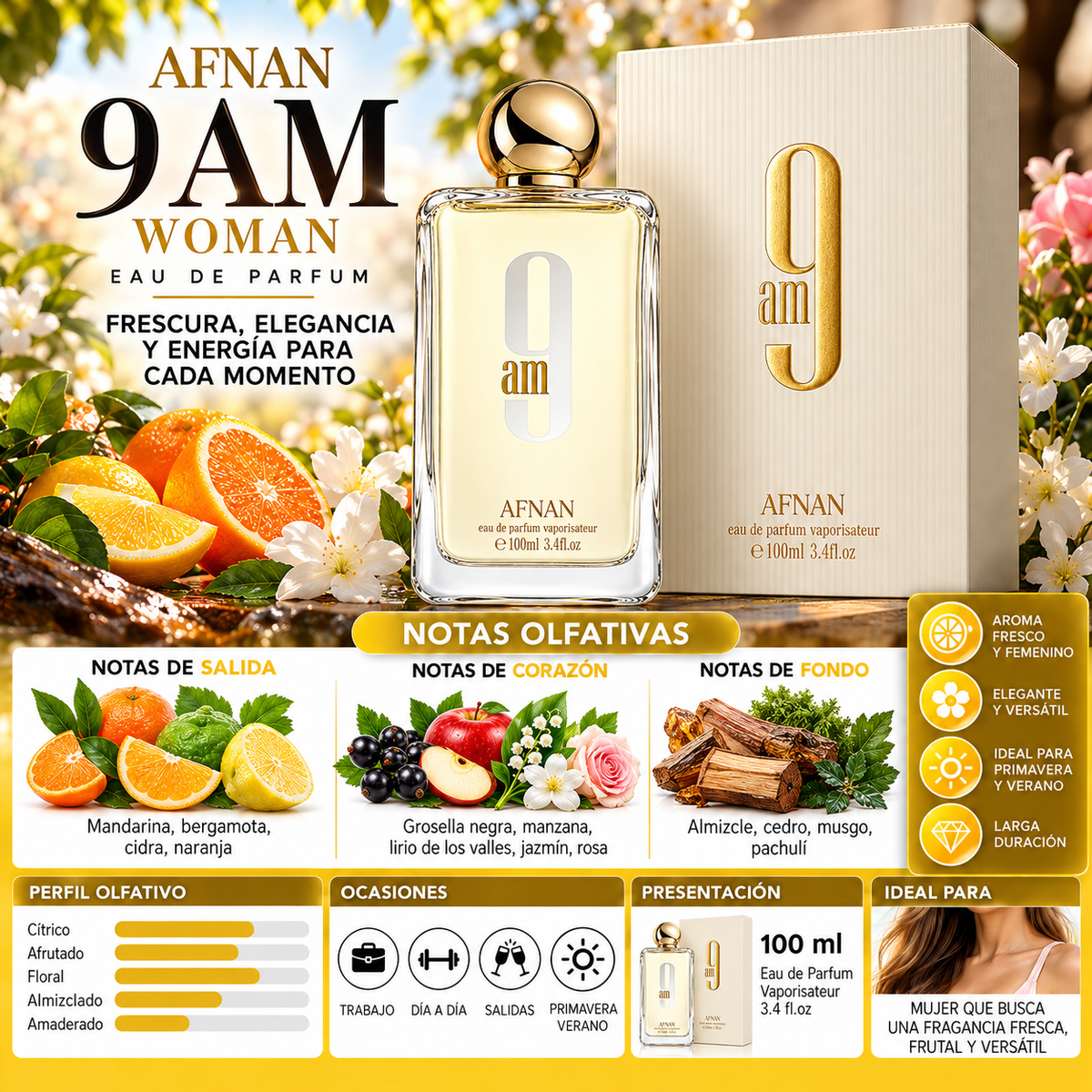 Afnan 9 AM Pour Femme Eau de Parfum 100ml - Elegancia y Frescura — imagen 2