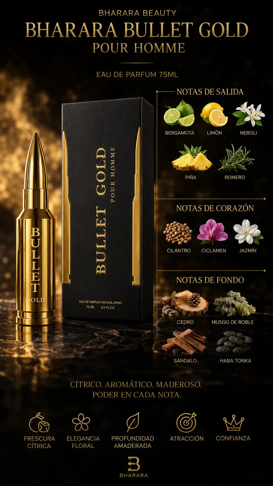 Bharara Bullet Gold Pour Homme Eau de Parfum 75ml Original