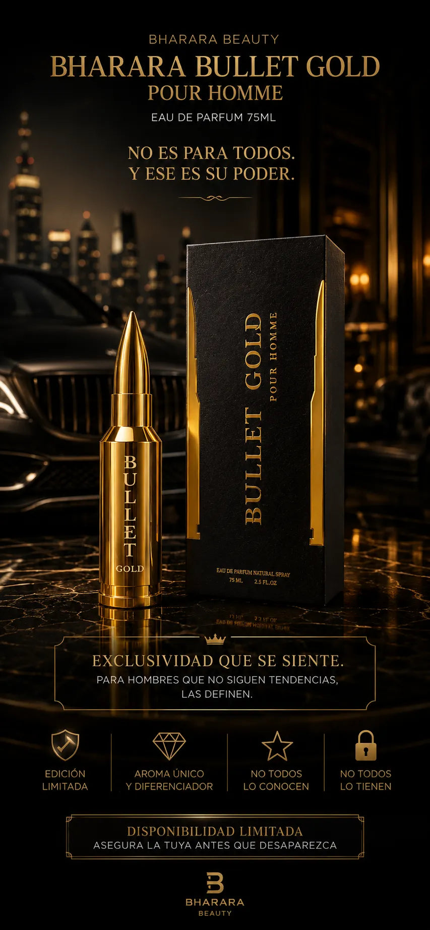 Bharara Bullet Gold Pour Homme Eau de Parfum 75ml Original