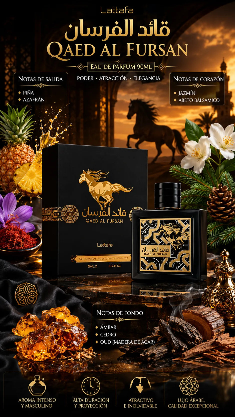 Perfume Lattafa Qaed Al Fursan Eau de Parfum 90ml Original
