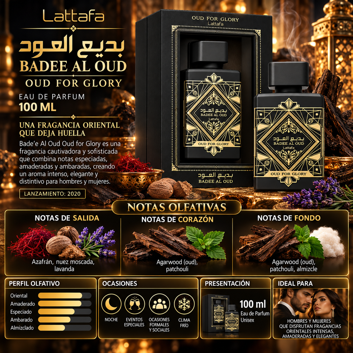 Lattafa Bade'e Al Oud Oud For Glory Eau de Parfum 100ml Original — imagen 2