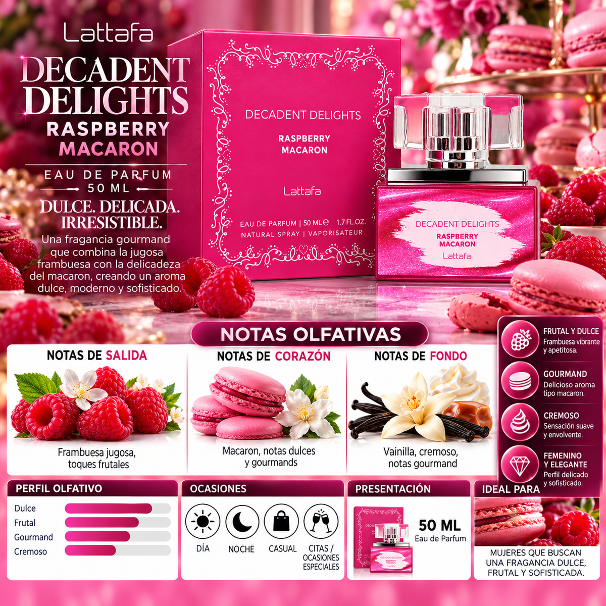 Lattafa Decadent Delights Raspberry Macaron Eau de Parfum 50ml Original — imagen 2