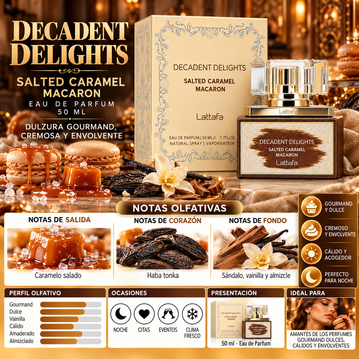 Lattafa Decadent Delights Salted Caramel Macaron Eau de Parfum 50ml Original — imagen 2