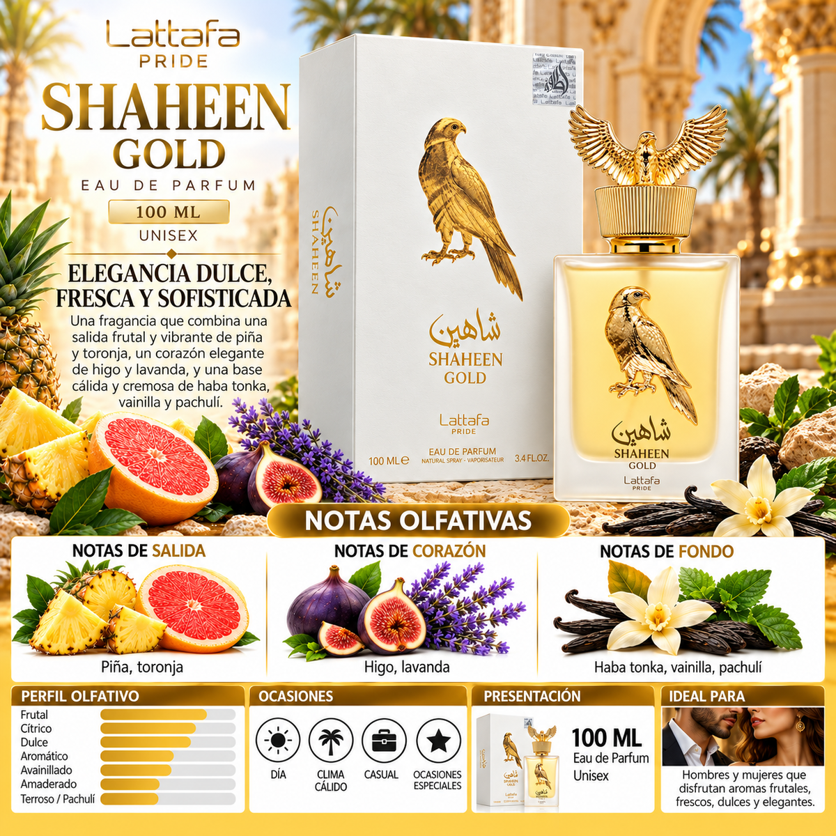 Lattafa Shaheen Gold Eau de Parfum 100ml - Elegancia y Distinción — imagen 2