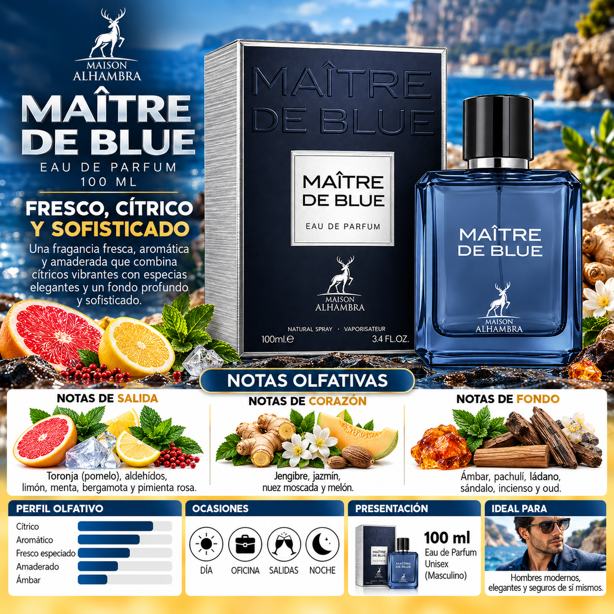 Maison Alhambra Maître De Blue Eau de Parfum 100ml Original - Elegancia Masculina
