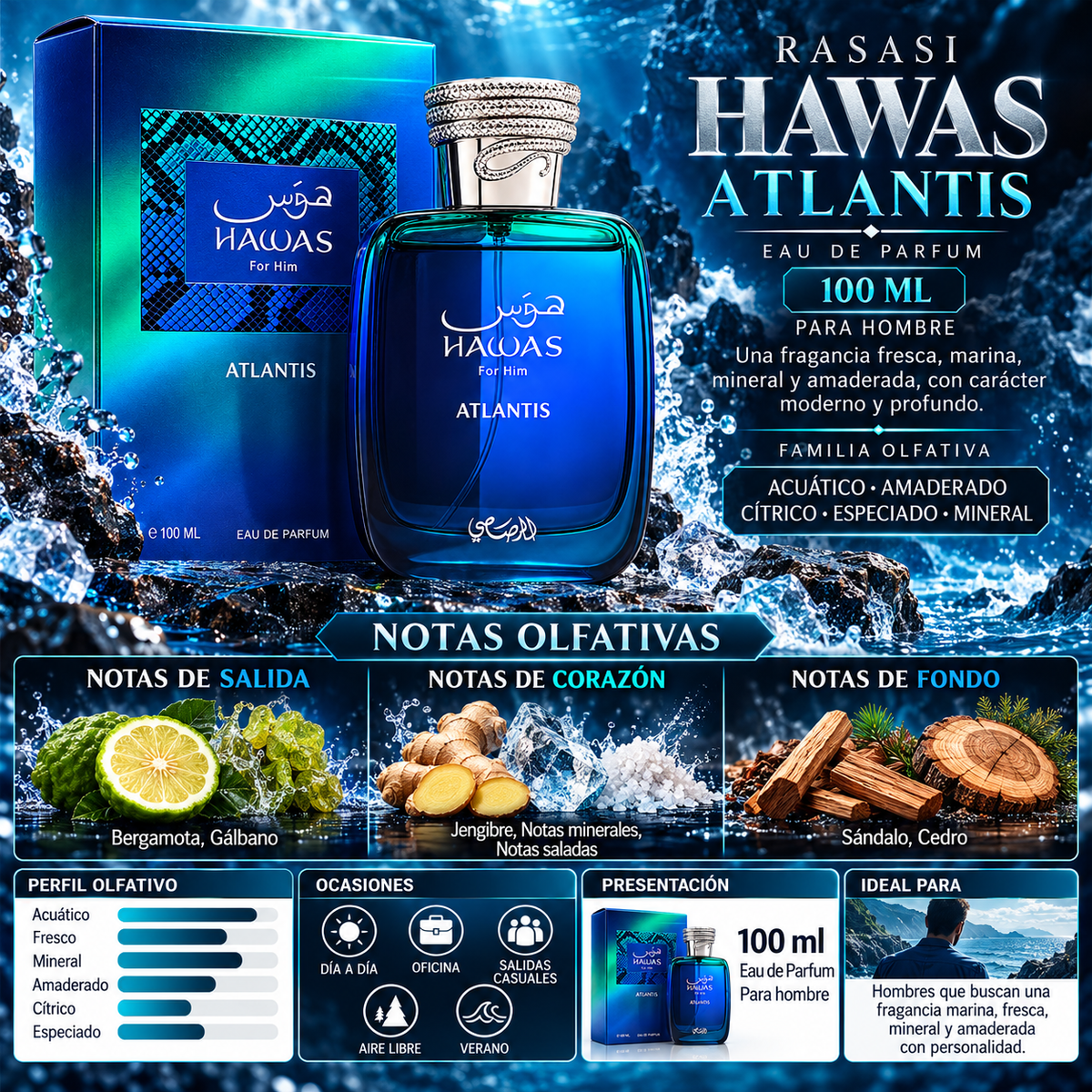 Rasasi Hawas Atlantis For Him Eau de Parfum 100ml - Original y Exclusivo — imagen 2