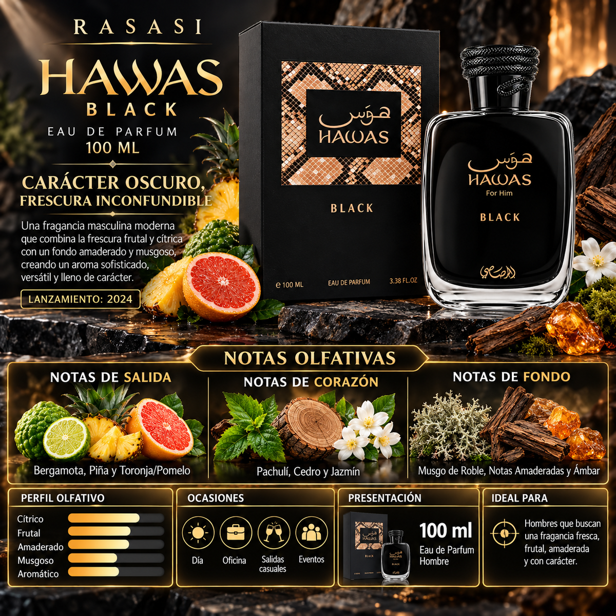 Rasasi Hawas Black For Him Eau de Parfum 100ml Original — imagen 2