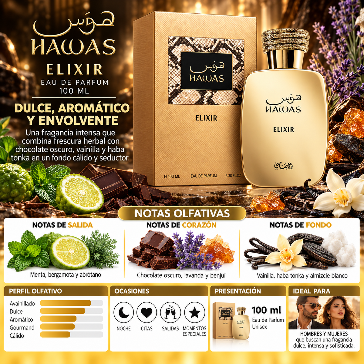 Perfume Rasasi Hawas Elixir Eau de Parfum 100ml Hombre — imagen 2