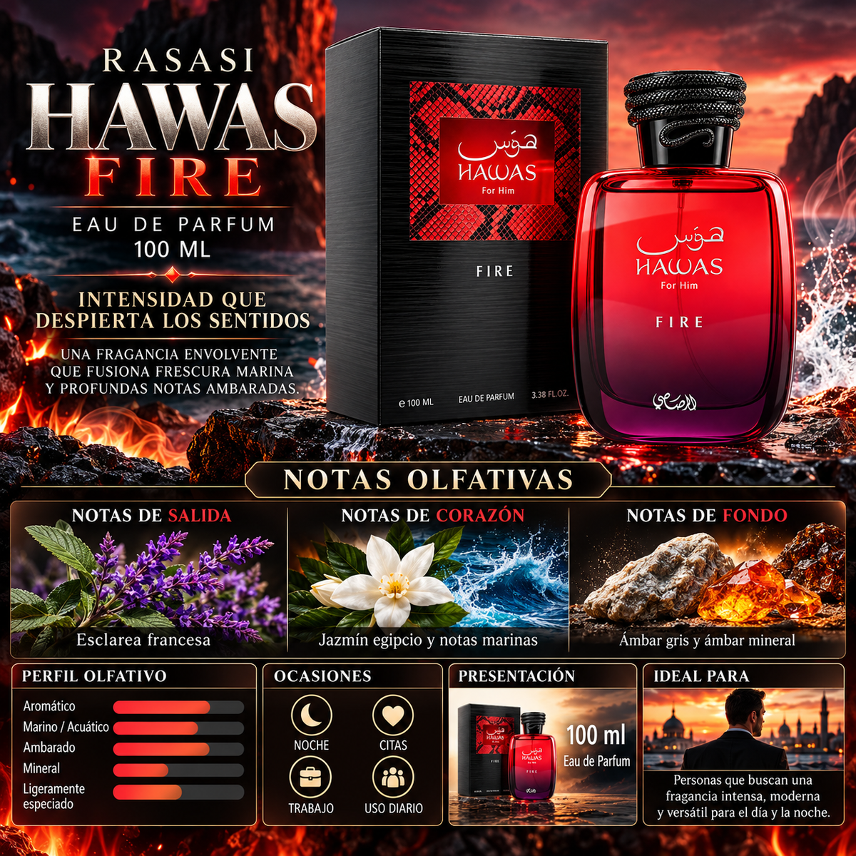 Perfume Rasasi Hawas Fire For Him Eau de Parfum 100ml Hombre — imagen 2