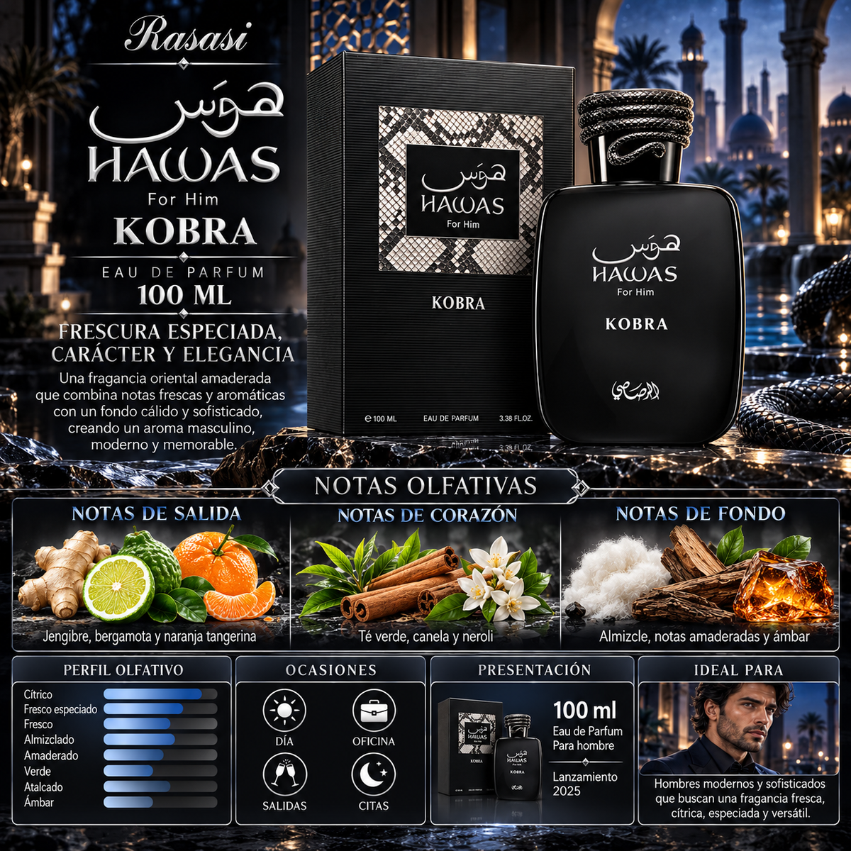 Perfume Rasasi Hawas Kobra For Him Eau de Parfum 100ml Hombre — imagen 2