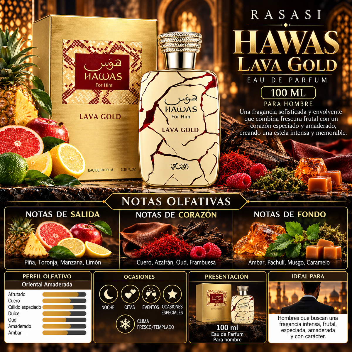 Rasasi Hawas For Him Lava Gold Eau de Parfum 100ml - Original y Exclusivo — imagen 2