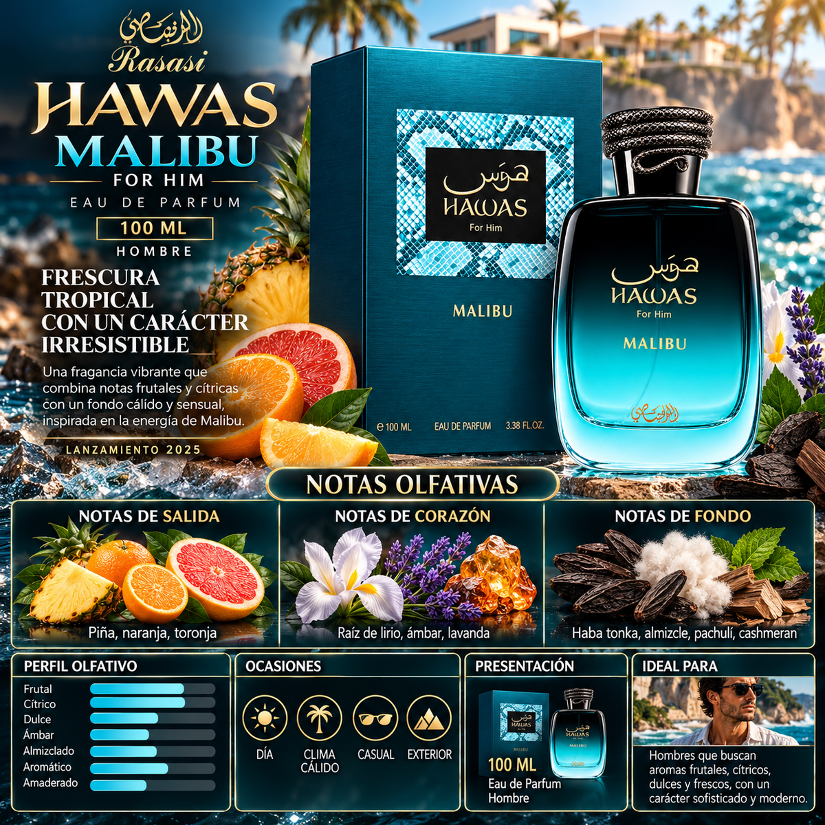Rasasi Hawas Malibu For Him - Eau de Parfum 100ml Original — imagen 2