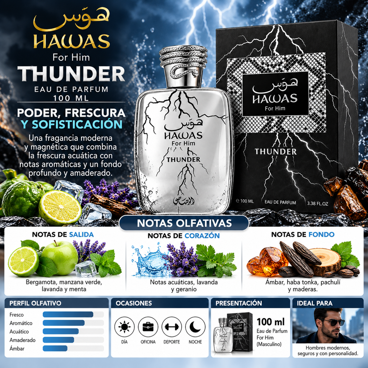 Rasasi Hawas For Him Thunder Eau de Parfum 100ml - Elegancia Masculina — imagen 2