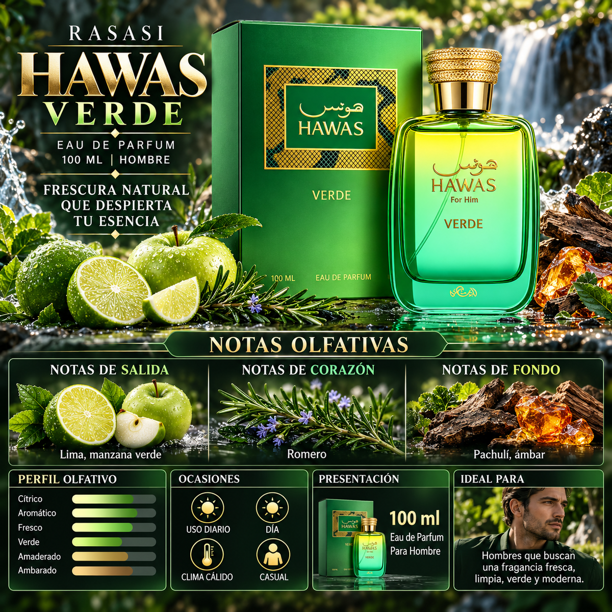 Perfume Rasasi Hawas Verde For Him Eau de Parfum 100ml Hombre — imagen 2