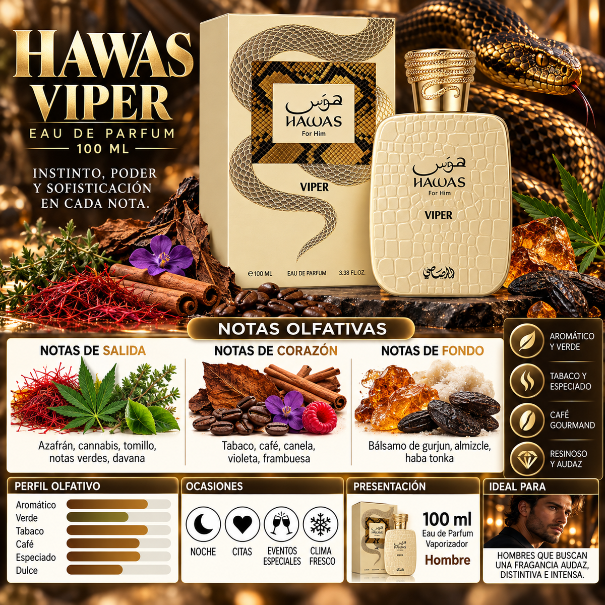 Perfume Rasasi Hawas Viper Para Él Eau de Parfum 100ml Hombre — imagen 2