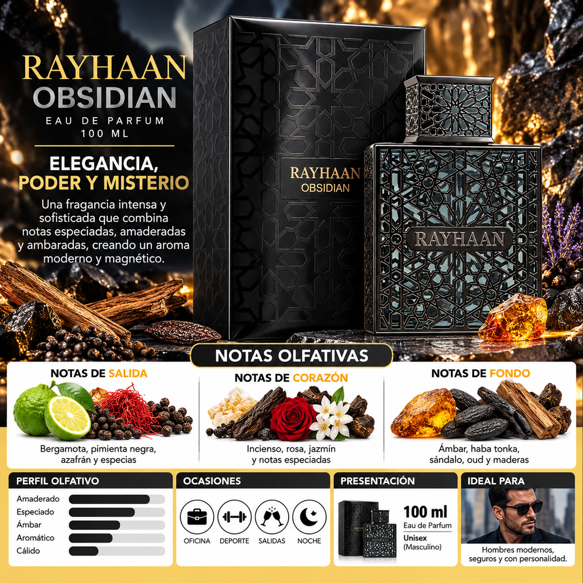 Rayhaan Obsidian Eau de Parfum 100 ml Original - Elegancia Masculina — imagen 2