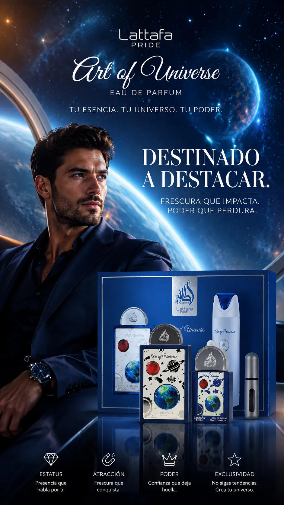 Set Lattafa Pride Art of Universe Eau de Parfum 100ml + 20ml + Desodorante 200ml Original