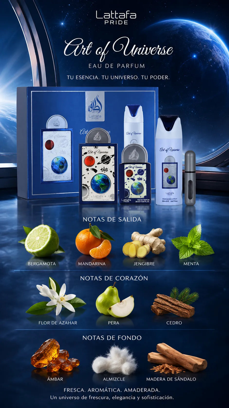 Set Lattafa Pride Art of Universe Eau de Parfum 100ml + 20ml + Desodorante 200ml Original