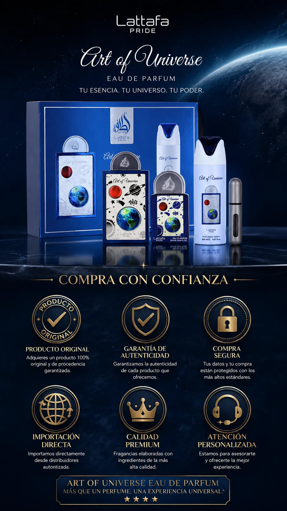 Set Lattafa Pride Art of Universe Eau de Parfum 100ml + 20ml + Desodorante 200ml Original
