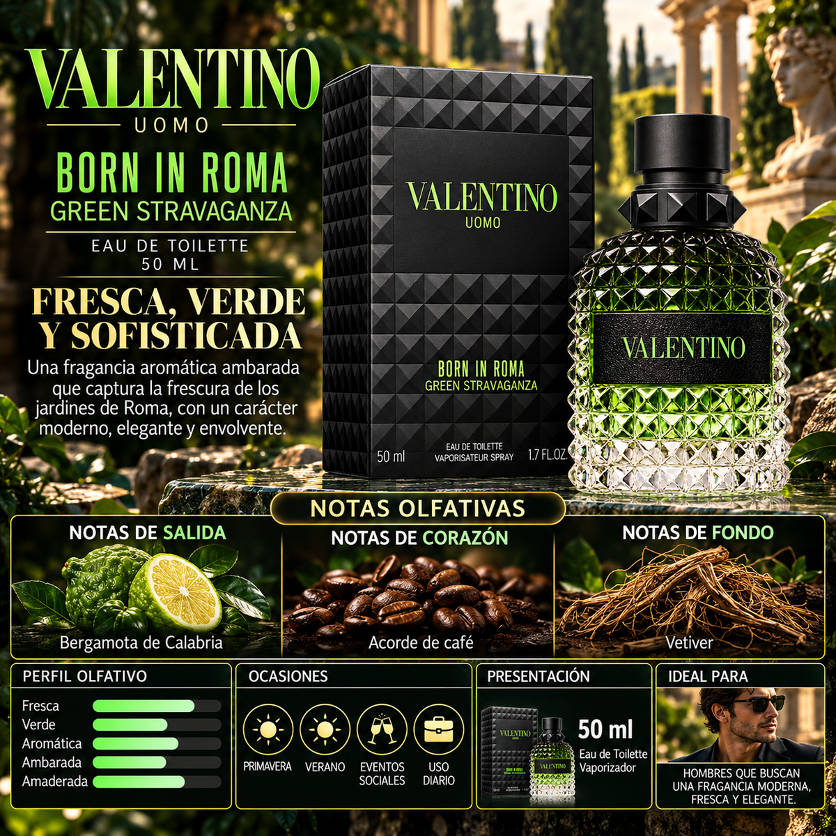 Valentino Uomo Born In Roma Green Stravaganza Eau de Toilette 100ml Original