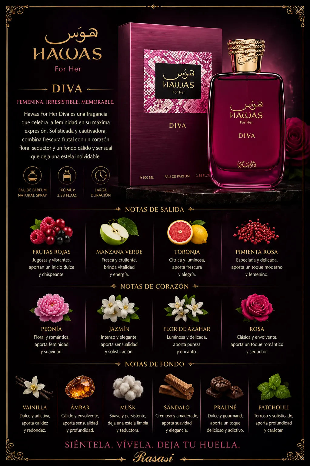 Perfume Rasasi Hawas Diva original 100ml mujer envío rápido Colombia