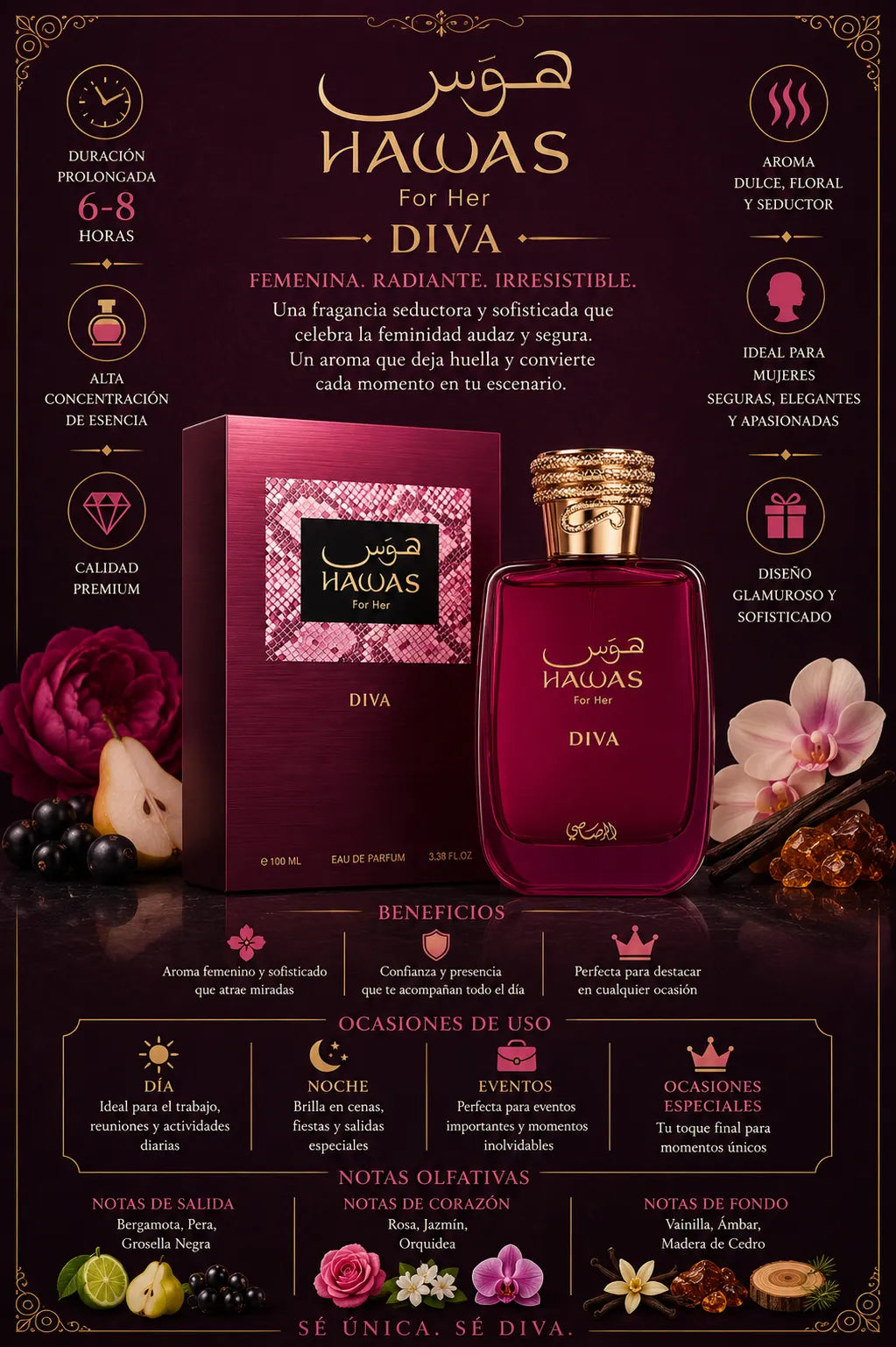Perfume Rasasi Hawas Diva original 100ml mujer envío rápido Colombia