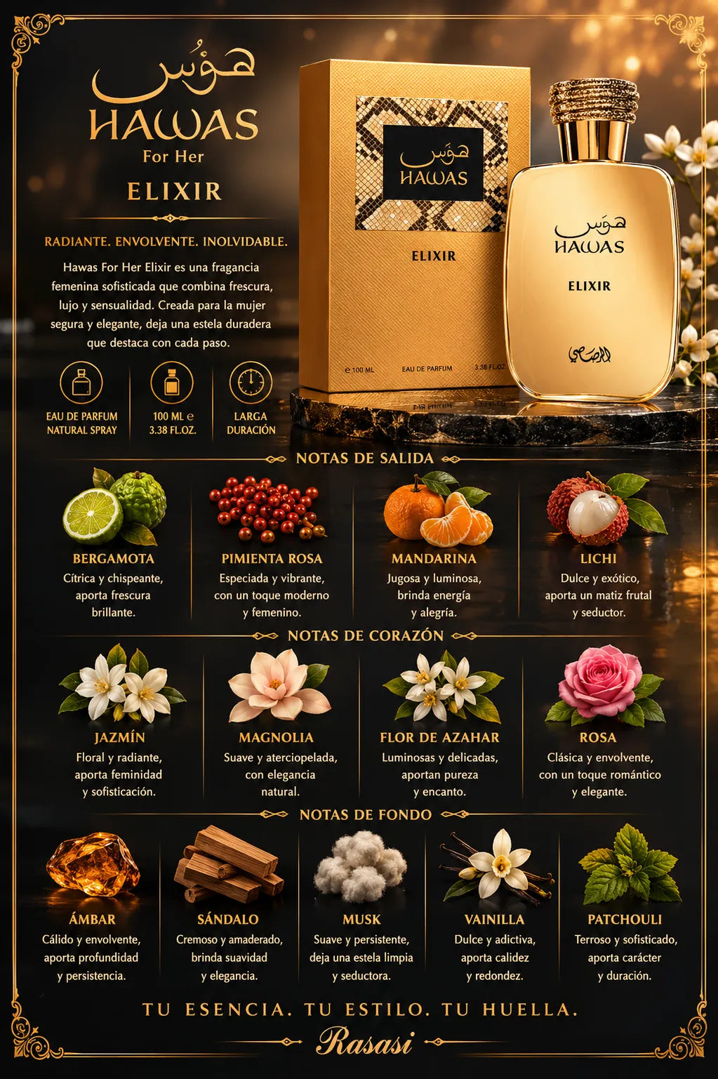 Perfume Rasasi Hawas Elixir original 100ml hombre envío rápido Colombia