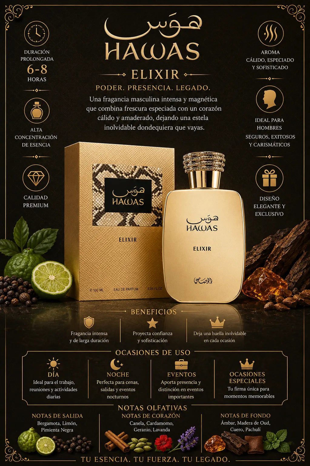 Perfume Rasasi Hawas Elixir original 100ml hombre envío rápido Colombia