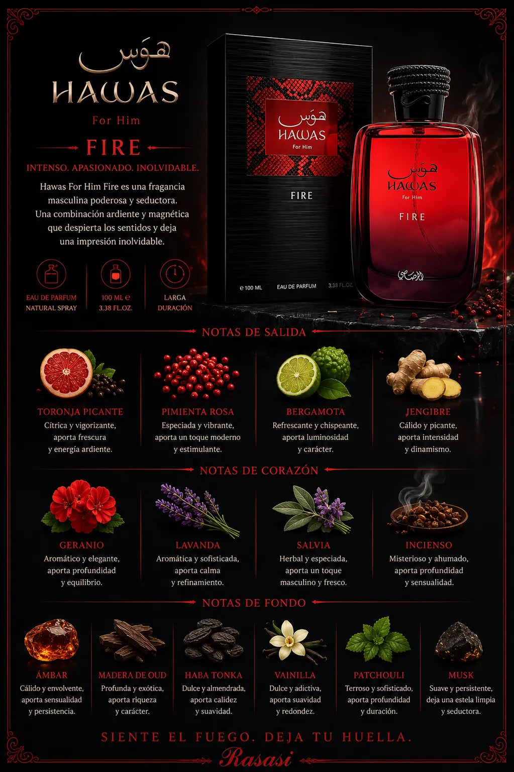 Perfume Rasasi Hawas Fire original 100ml hombre envío rápido Colombia