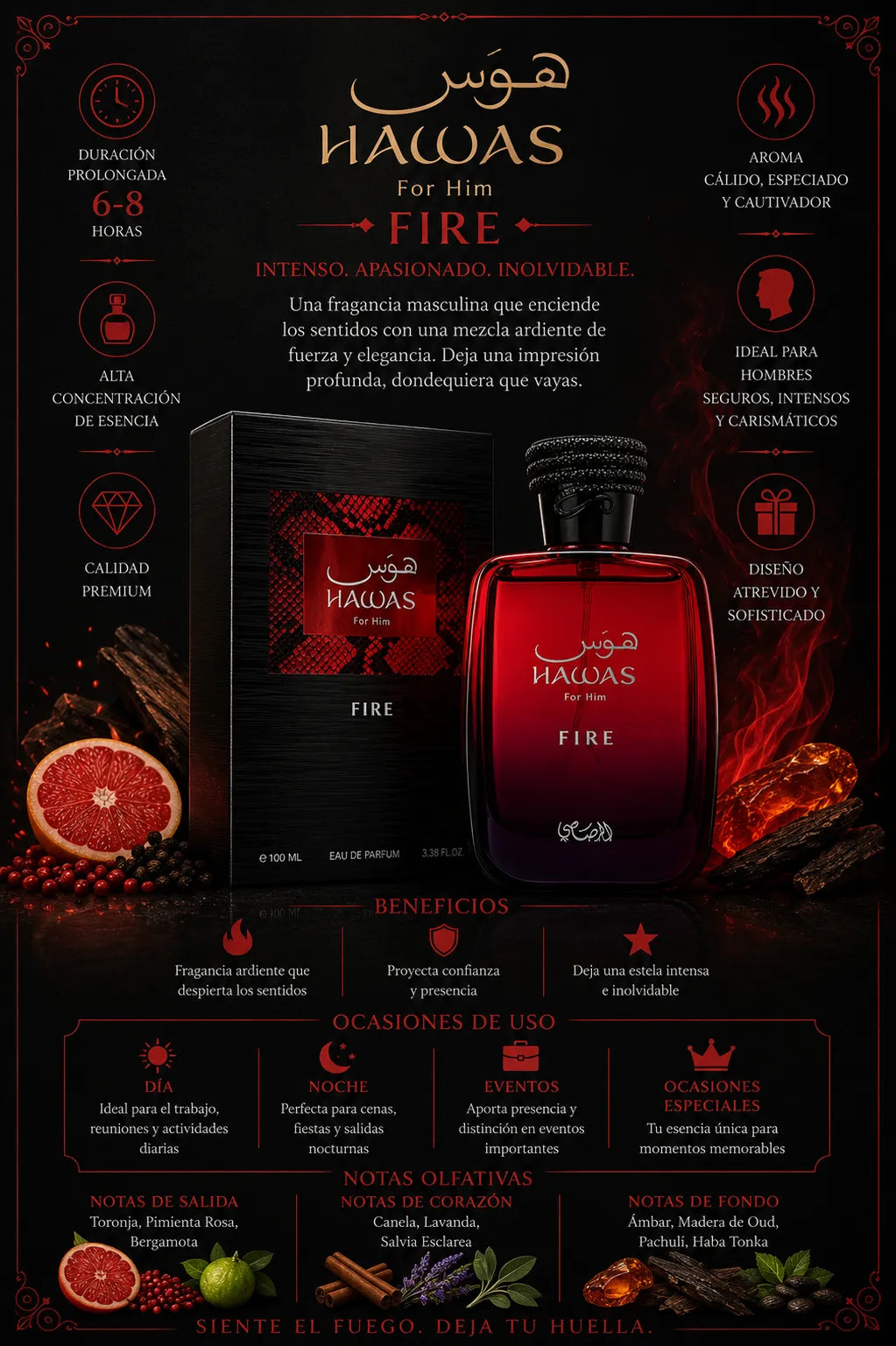 Perfume Rasasi Hawas Fire original 100ml hombre envío rápido Colombia