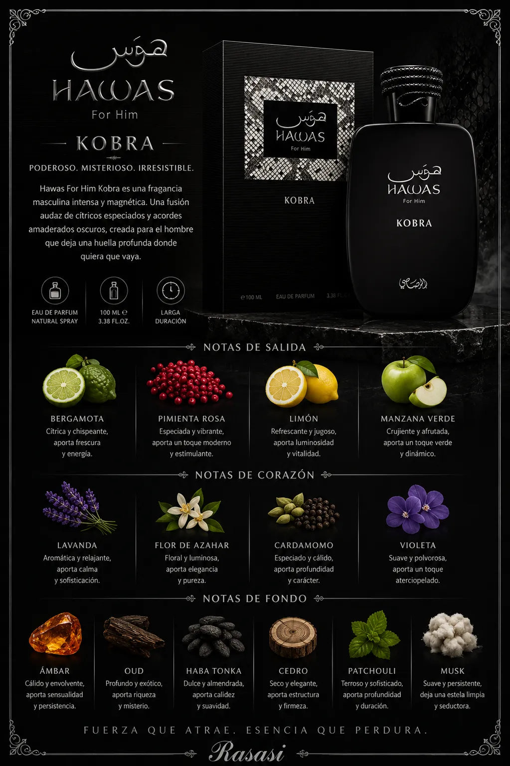Perfume Rasasi Hawas Kobra original 100ml hombre envío rápido Colombia