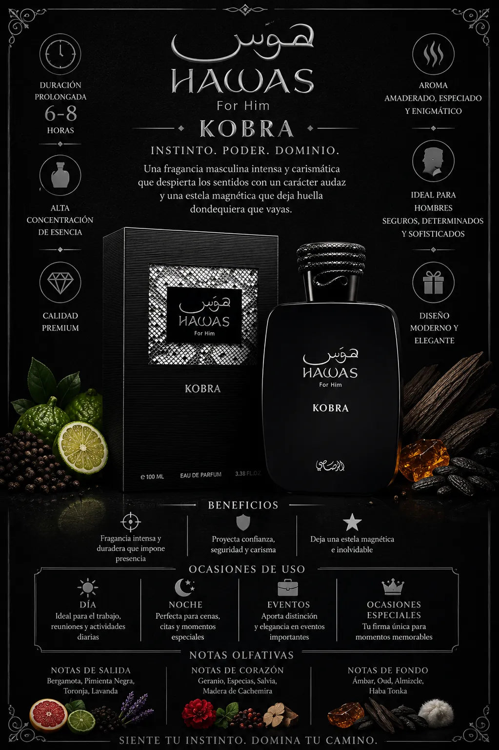 Perfume Rasasi Hawas Kobra original 100ml hombre envío rápido Colombia
