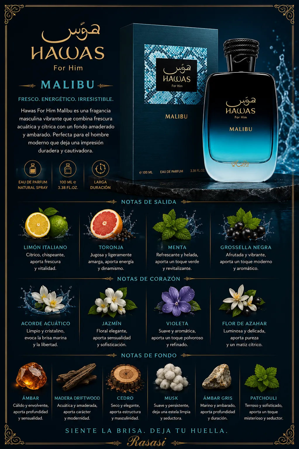 Perfume Rasasi Hawas Malibu original 100ml hombre envío rápido Colombia