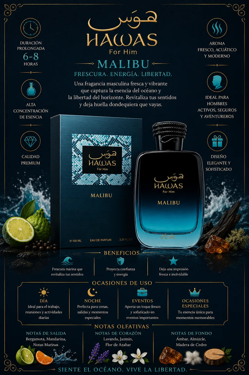 Perfume Rasasi Hawas Malibu original 100ml hombre envío rápido Colombia