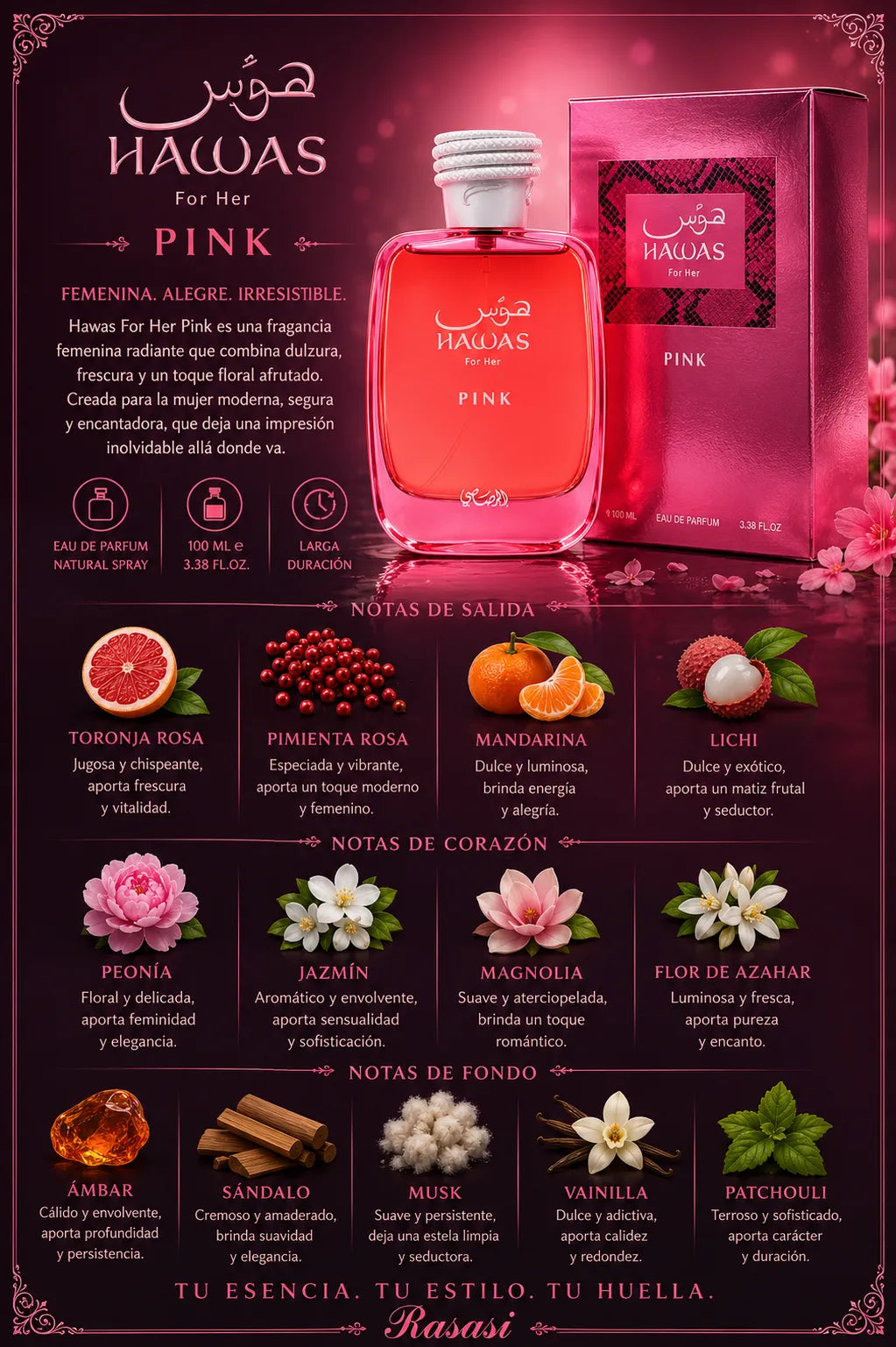 Perfume Rasasi Hawas Pink original 100ml mujer envío rápido Colombia