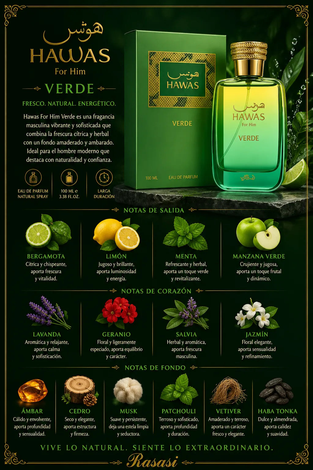 Perfume Rasasi Hawas Verde original 100ml hombre envío rápido Colombia
