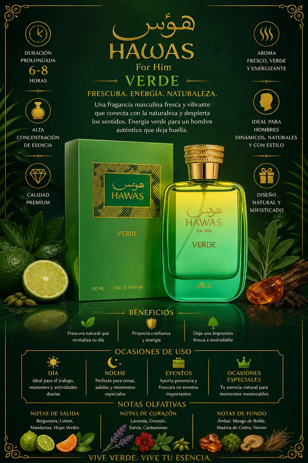 Perfume Rasasi Hawas Verde original 100ml hombre envío rápido Colombia