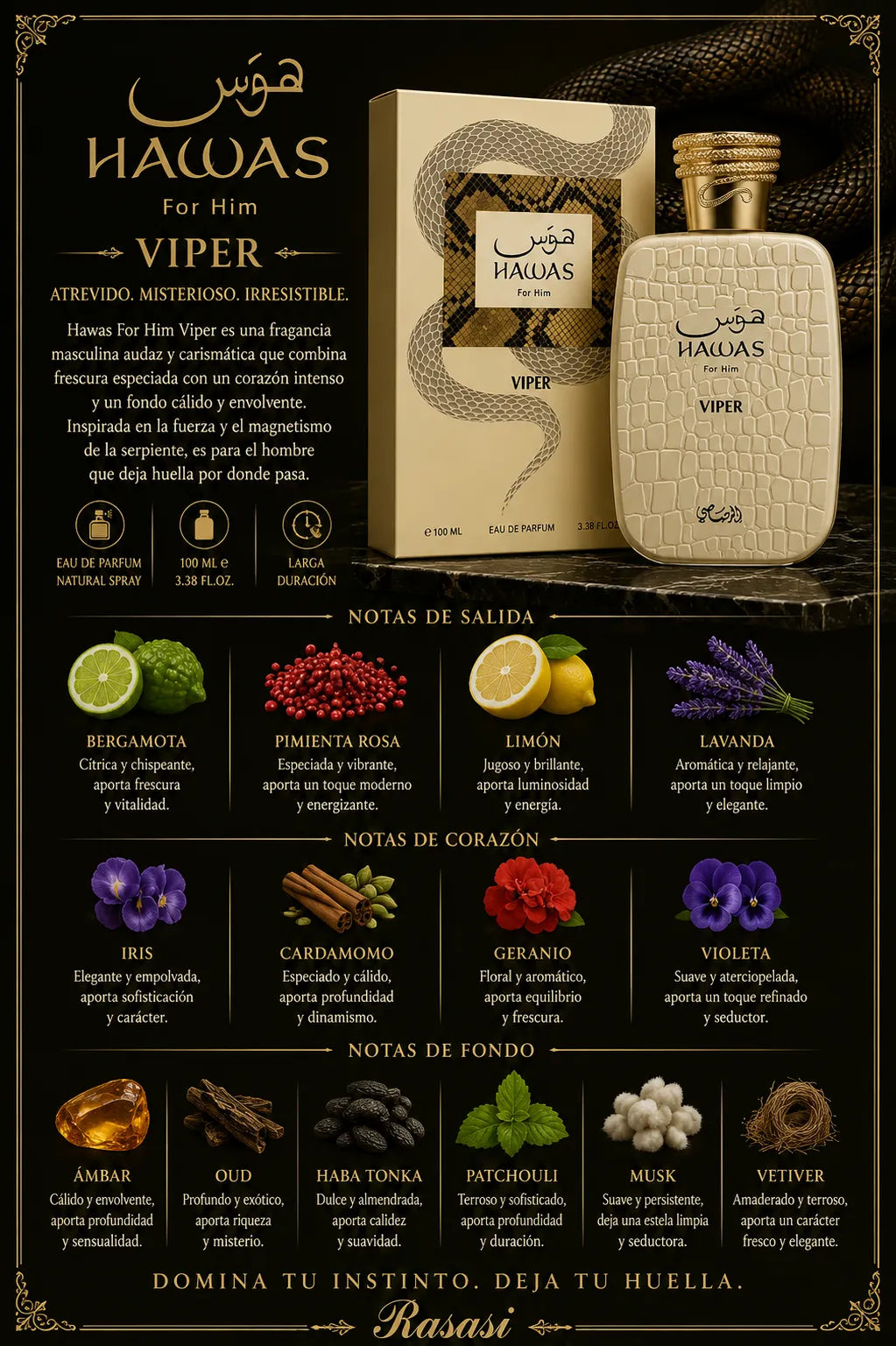 Perfume Rasasi Hawas Viper original 100ml hombre envío rápido Colombia